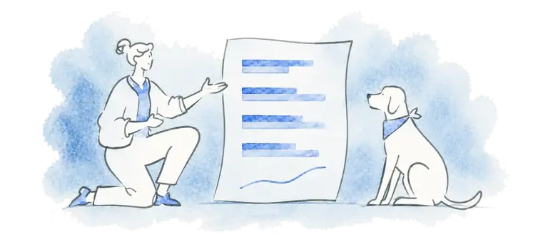 A volunteer reviews a rescue report beside a dog.
