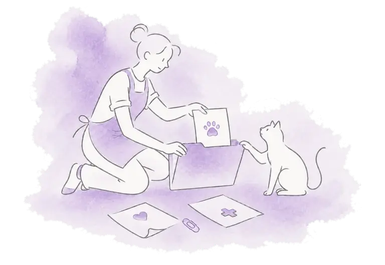 A volunteer files an animal's documents together in a folder.