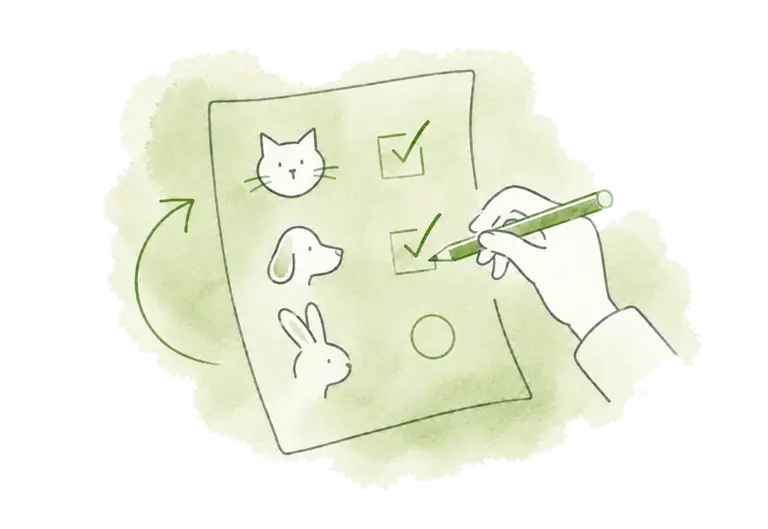 A hand checks matching animals on an updating list.