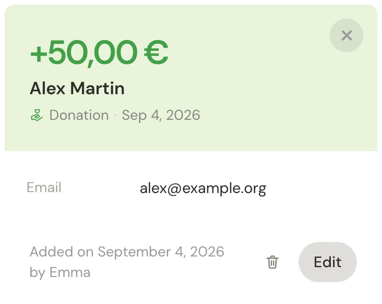 An income detail popup with a donation, donor and date.