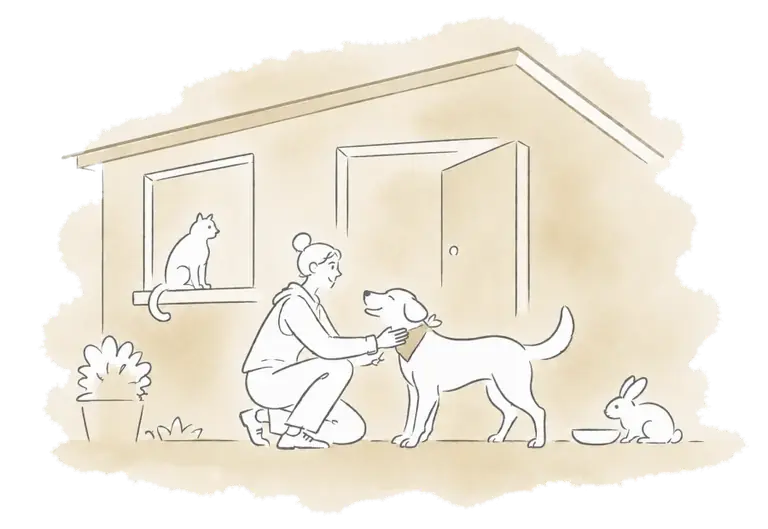 A volunteer welcomes animals at a shelter.