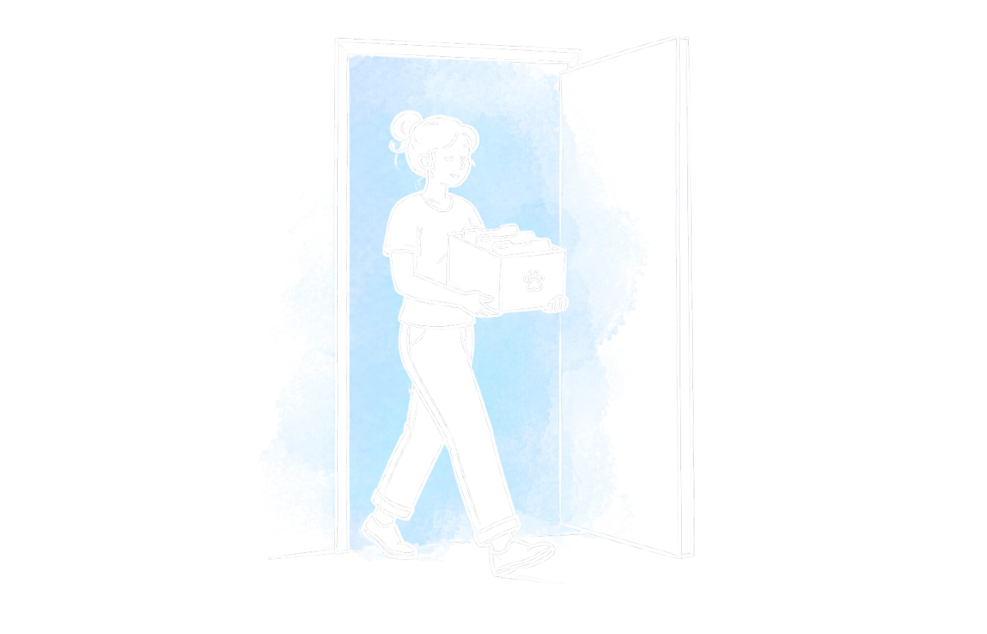 A volunteer carries their box of records through an open doorway.