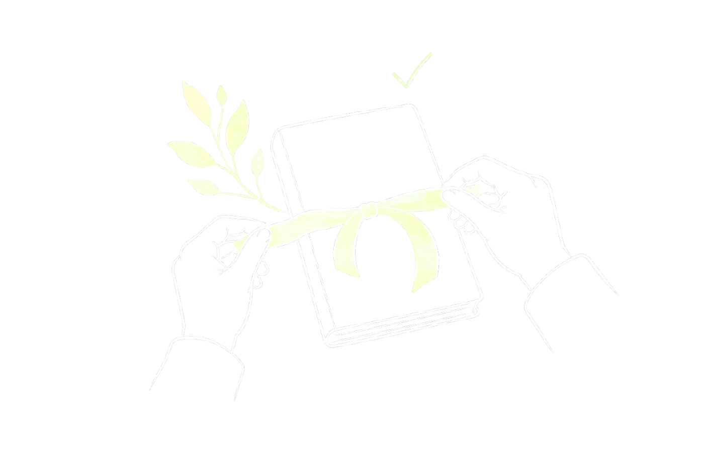 Hands close a yearly ledger with a ribbon and a small completion mark.