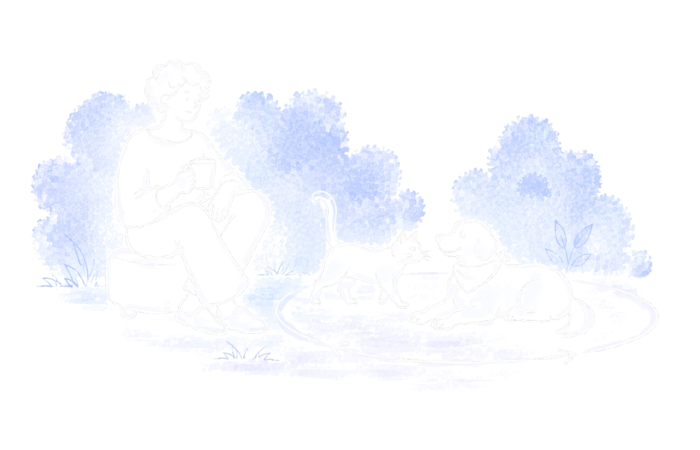 An animal joins a changing group while its caregiver takes a quiet break.