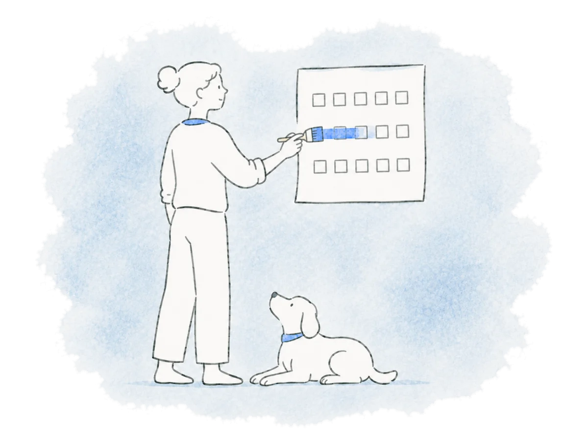 A volunteer marks a range on a calendar with a dog nearby.