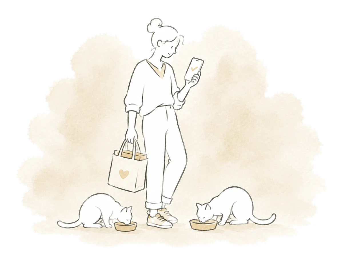 A volunteer checks the feeding round on a phone while cats eat.