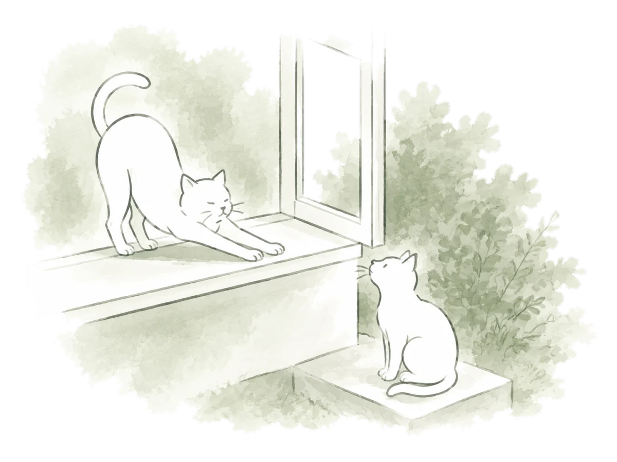 Cats rest on either side of an open window, indoors and outside.