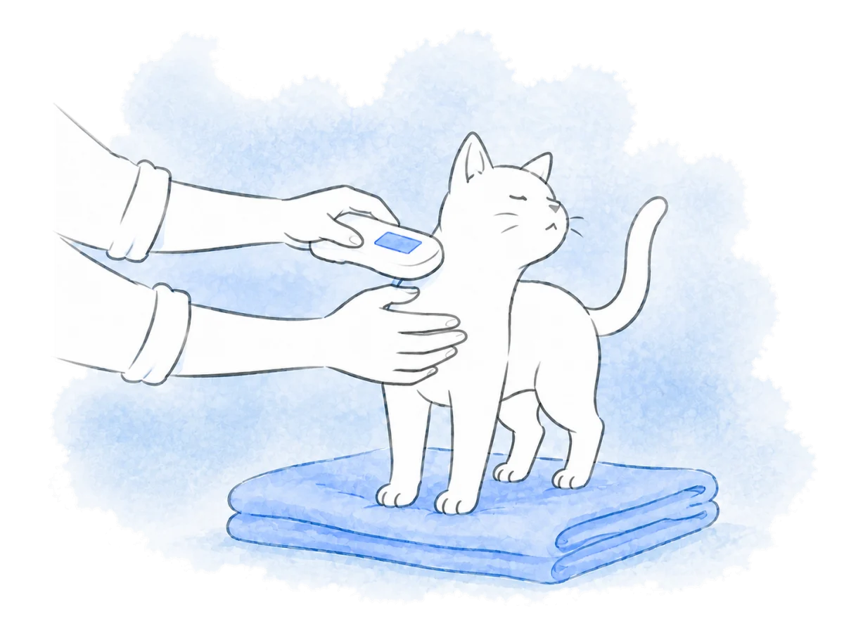 A caregiver scans a cat for a microchip.