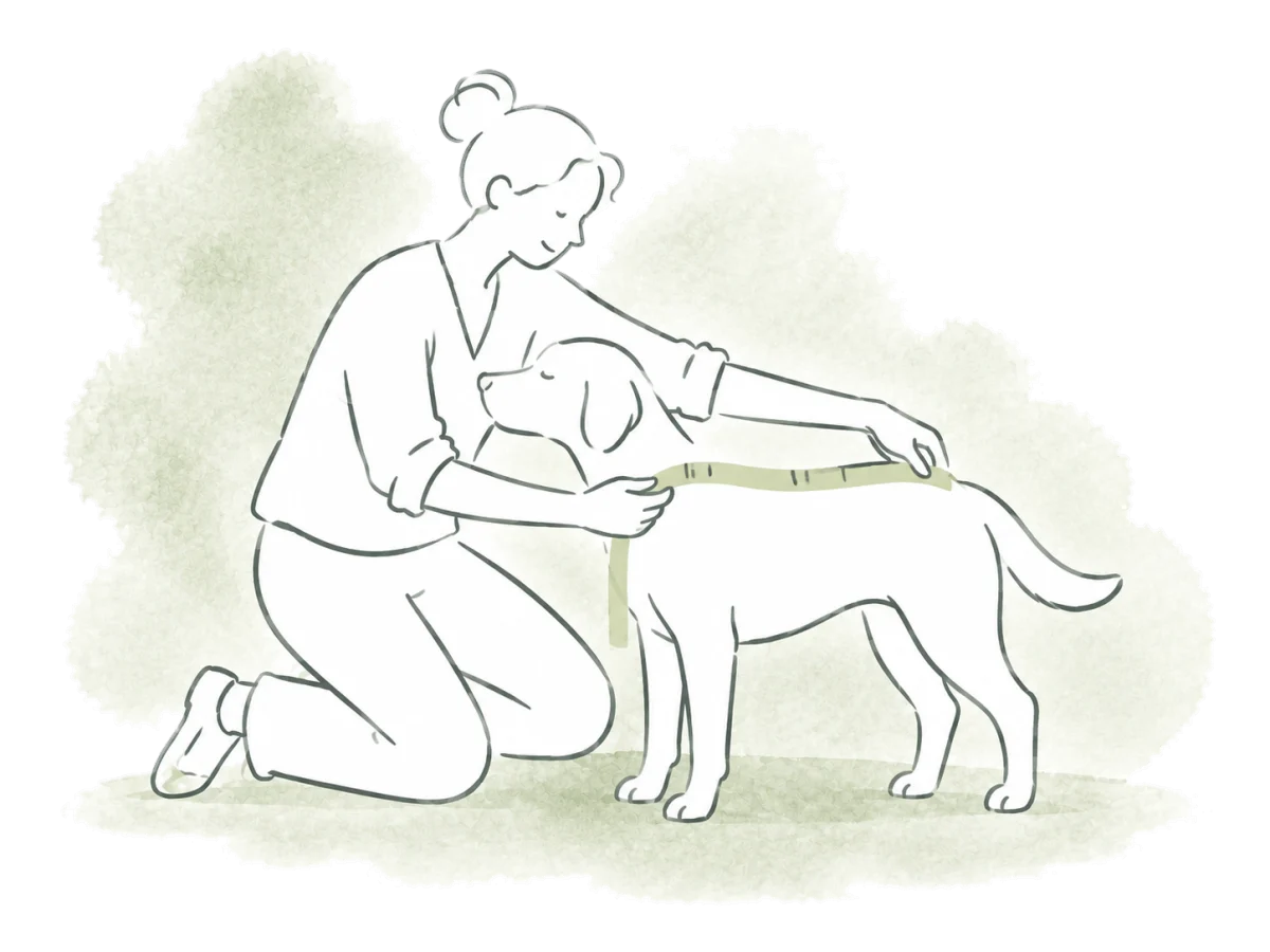 A volunteer measures a dog with a soft tape.