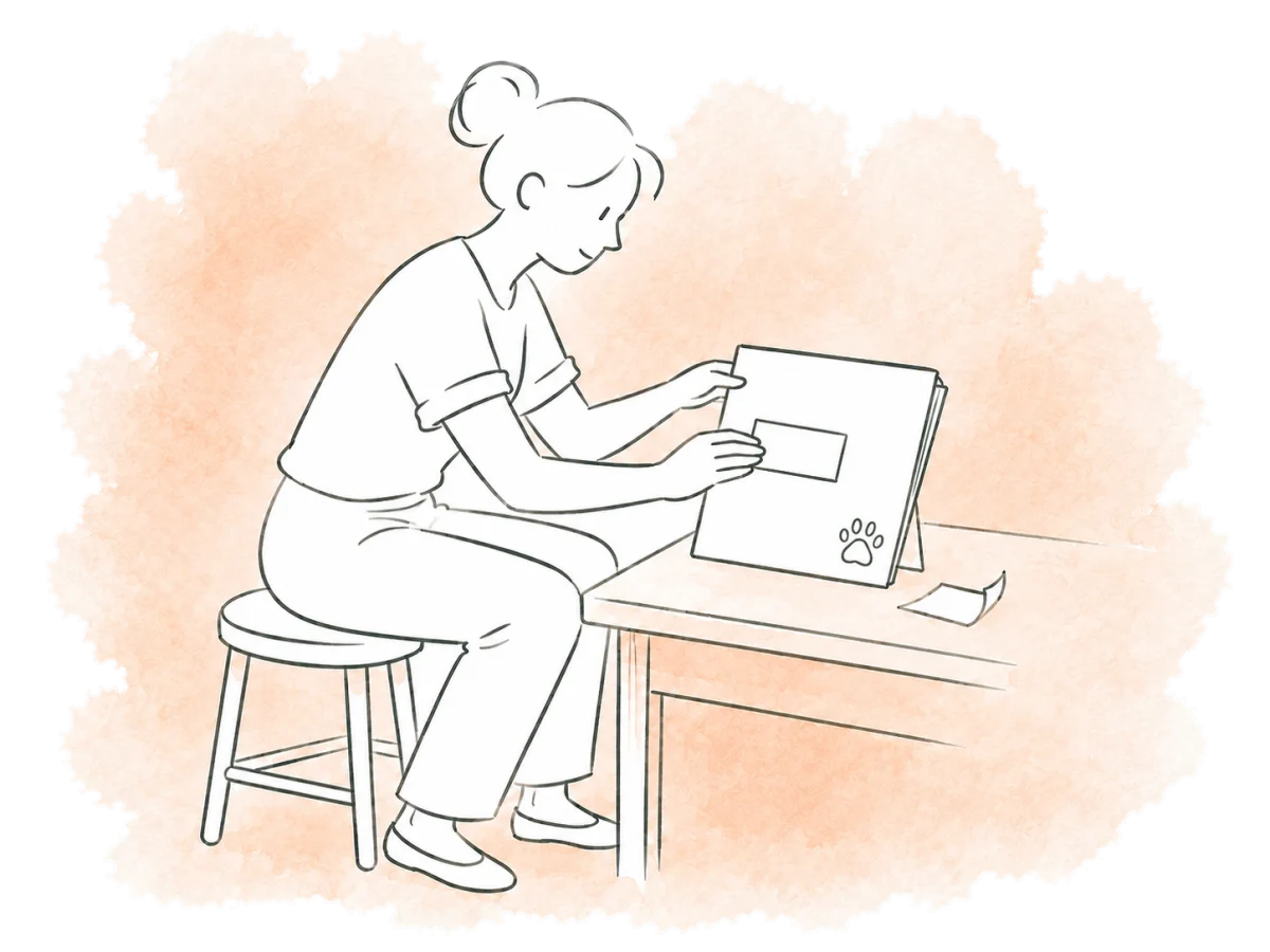 A volunteer replaces the label on an animal's record folder.