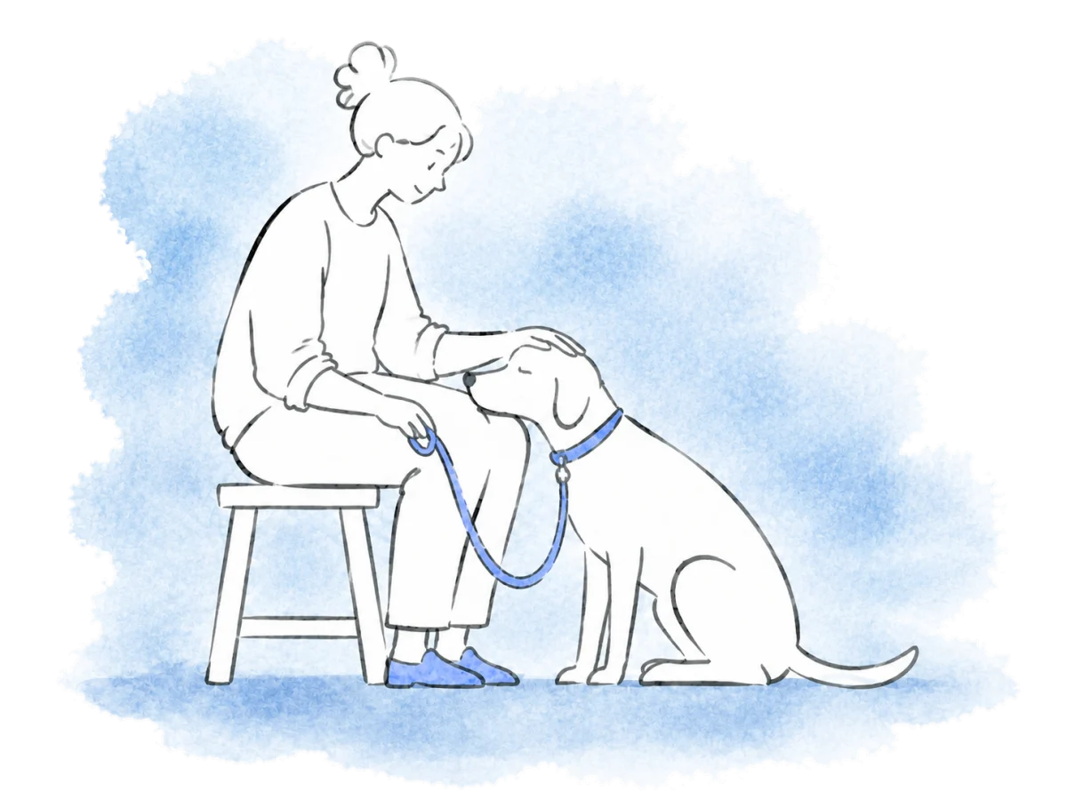 A dog rests its chin on a volunteer's knee, connected by a loose lead.
