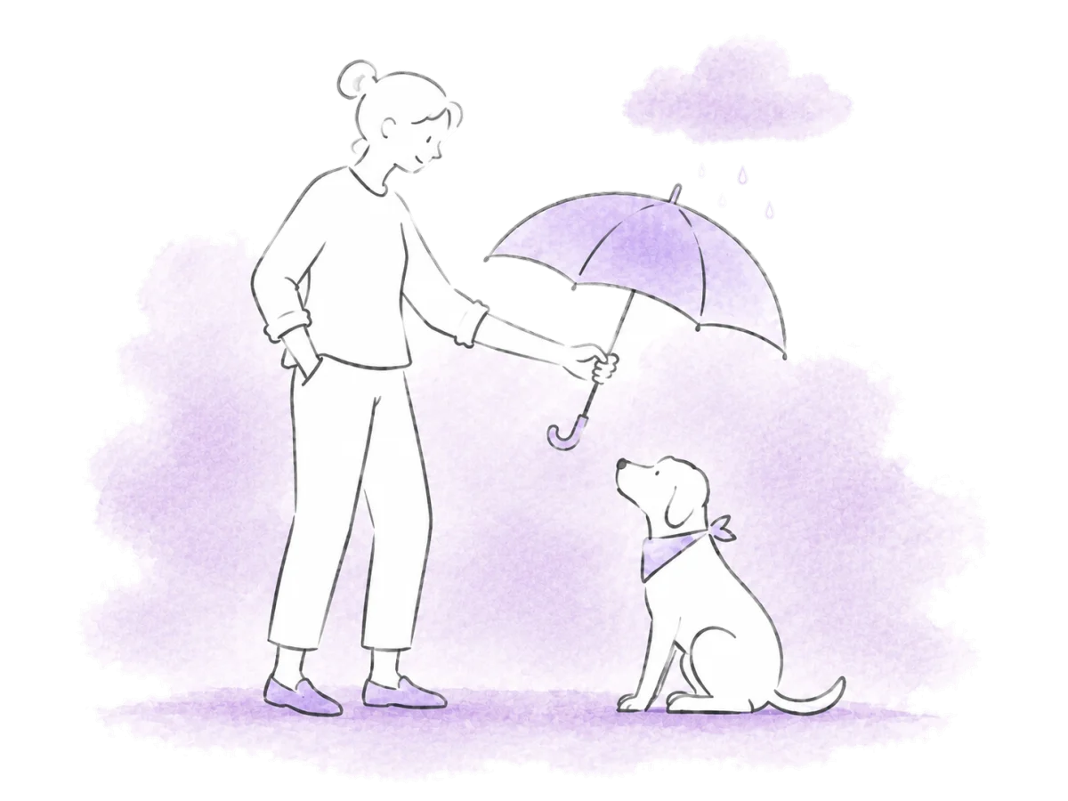 A volunteer opens an umbrella over a dog as rain begins.