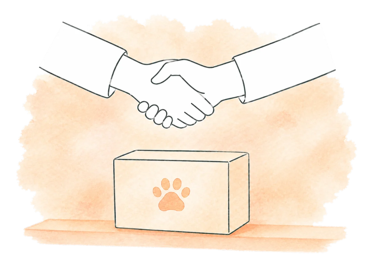 Two people shake hands above a small pet-food parcel.
