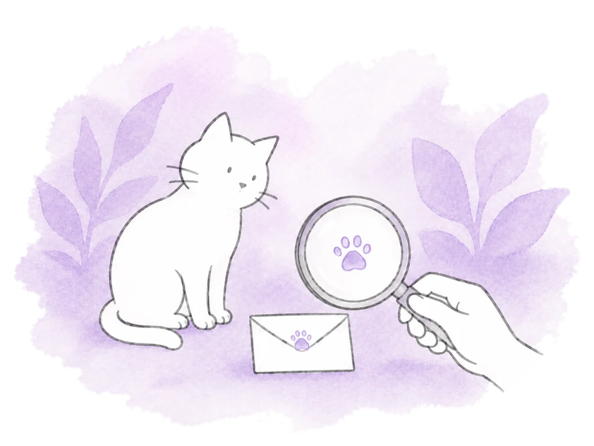 A magnifying glass finds the paw-marked envelope beside a cat.