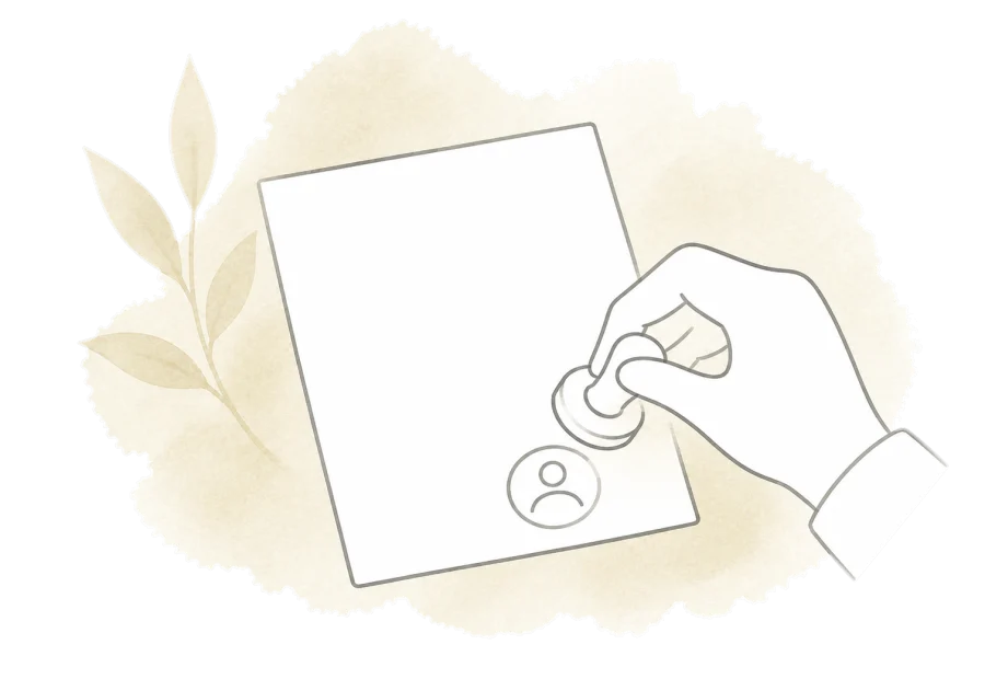 A hand stamps a small author symbol onto a document.