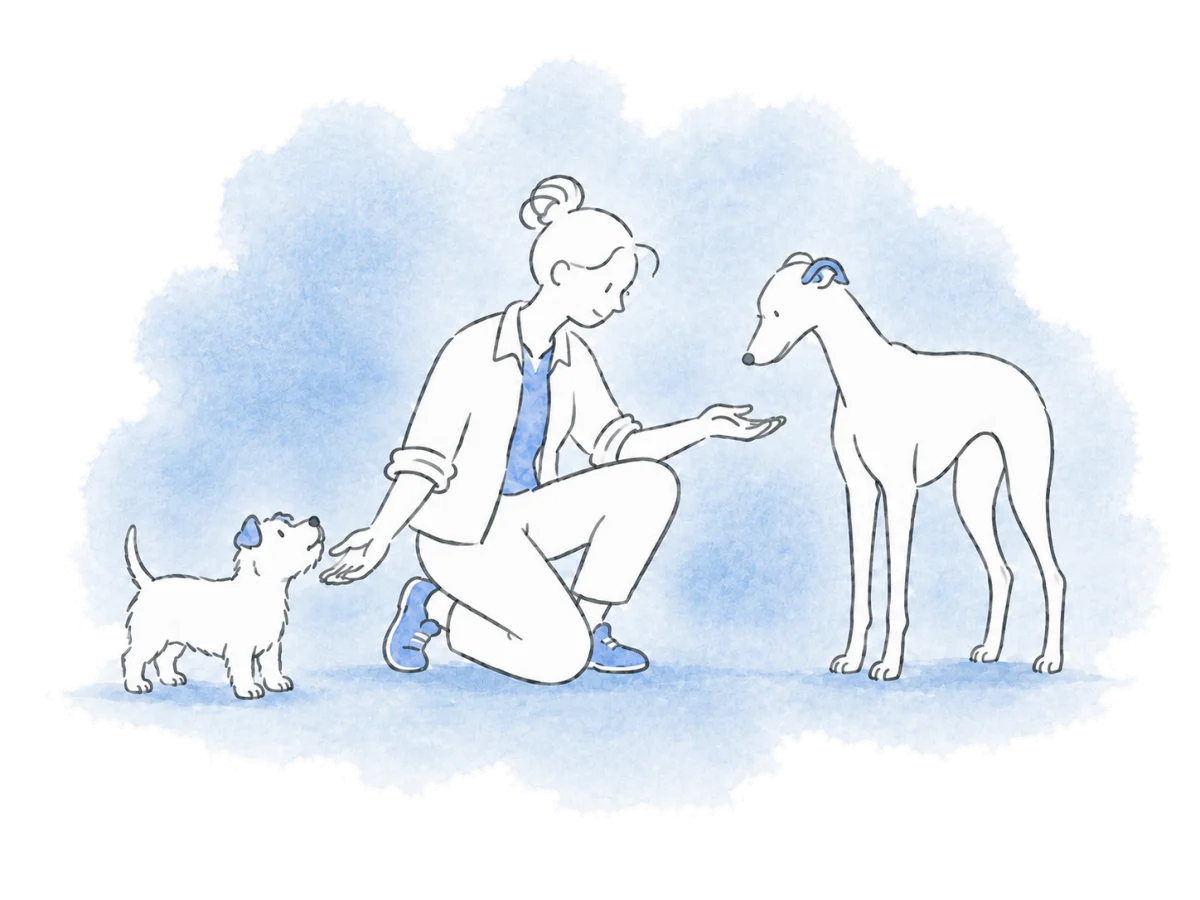 A volunteer observes a tall slender dog and a small stocky dog.