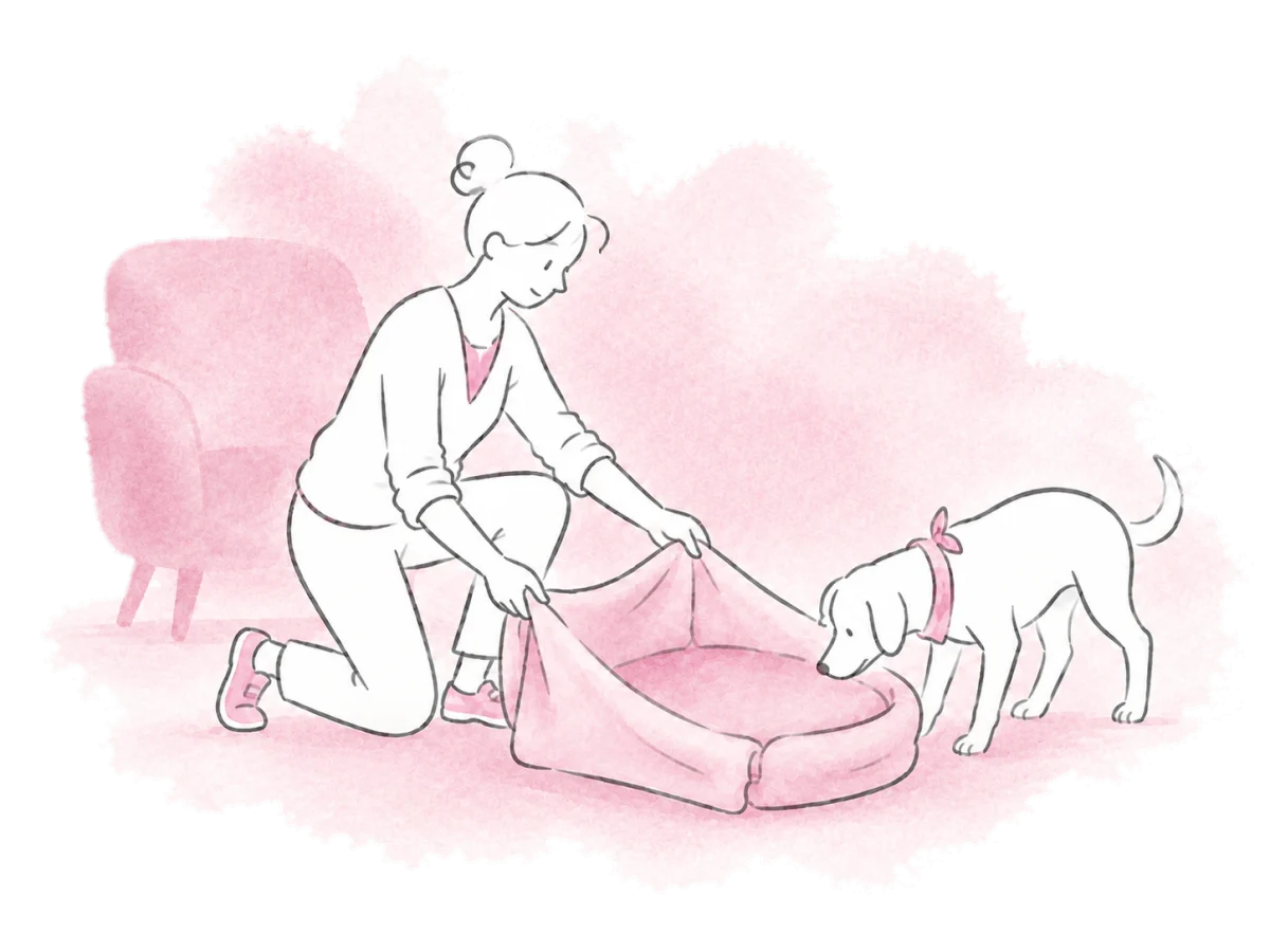 A foster carer makes a comfortable place for a dog at home.