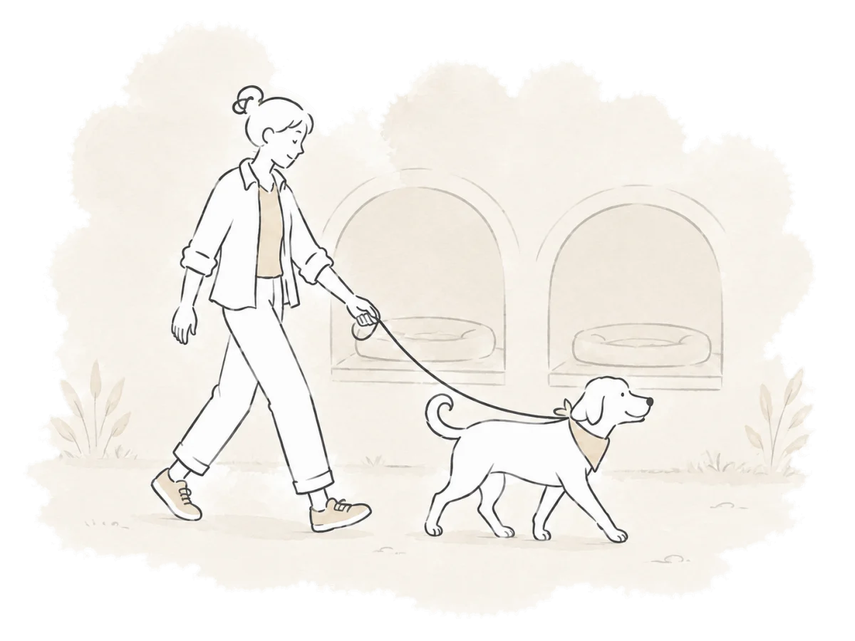 A volunteer walks a dog past the shelter resting areas.