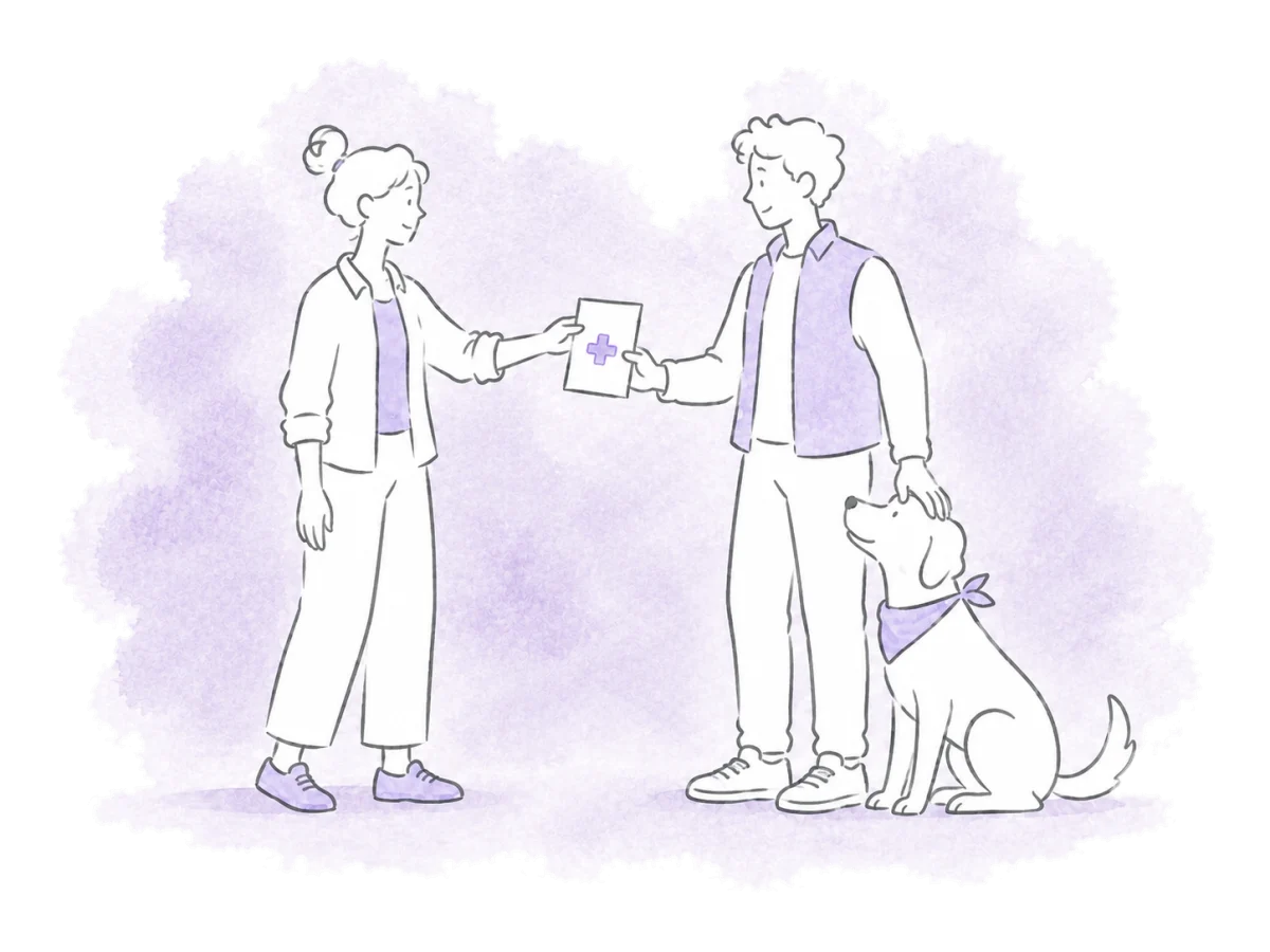A volunteer passes a dog's medicine to the next caregiver.