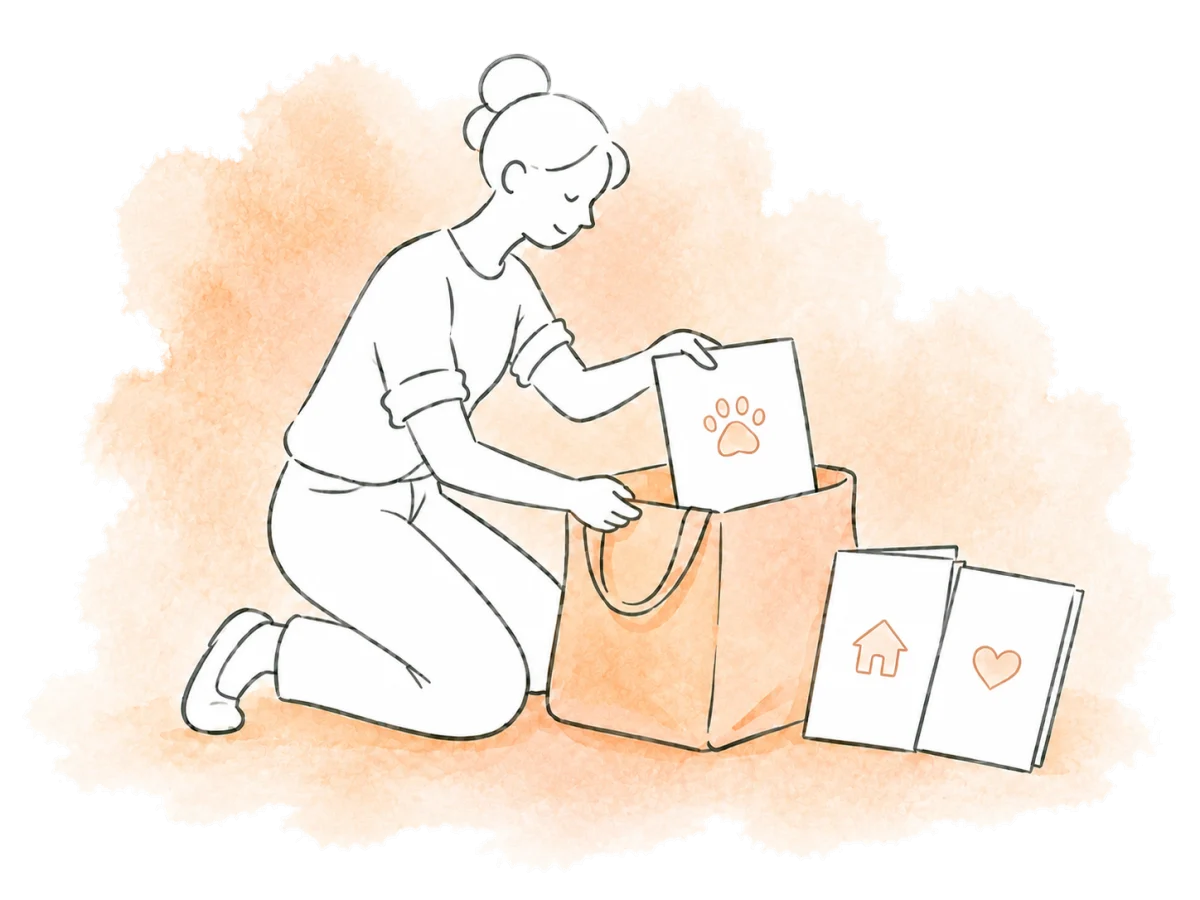 A volunteer gathers folders into an open tote bag.
