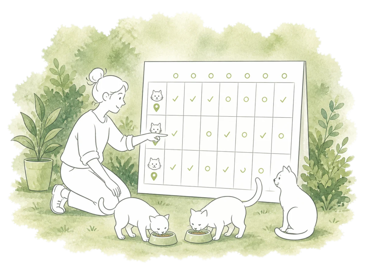 A volunteer checks individual cats on a weekly feeding chart while two cats eat.