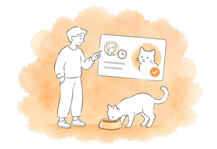 A feeding record keeps the volunteer and time beside a cat's feeding check.