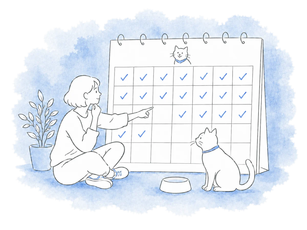 A volunteer notices gaps in one cat's monthly feeding history.