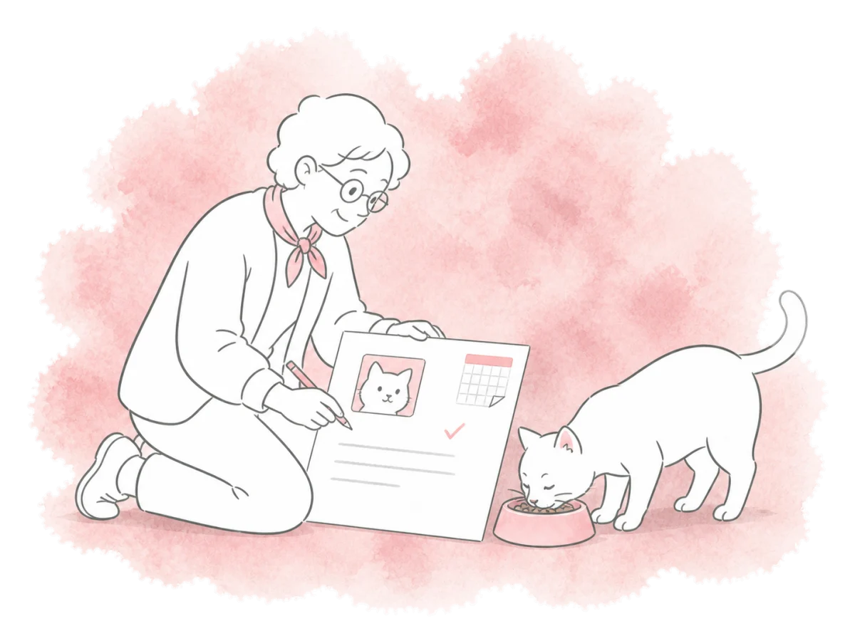 A volunteer records an observation about a cat at its feeding.