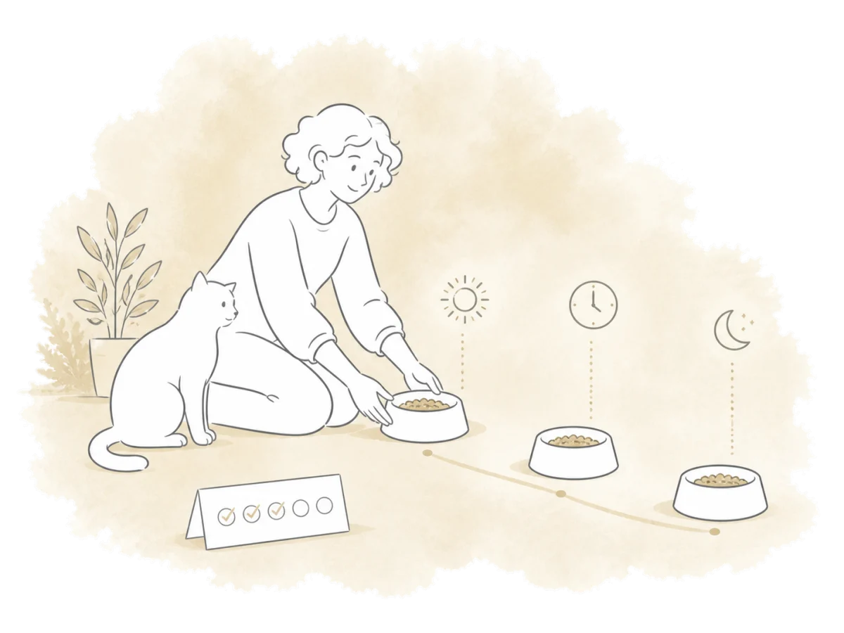 A caregiver arranges several feeding times through the day for one cat.
