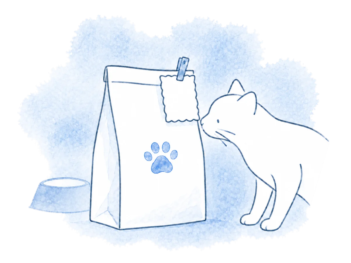 A receipt is clipped to a small bag of animal food.