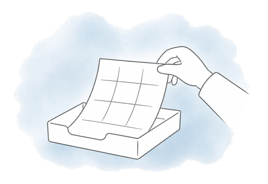 A hand lifts a single spreadsheet sheet from a simple tray.