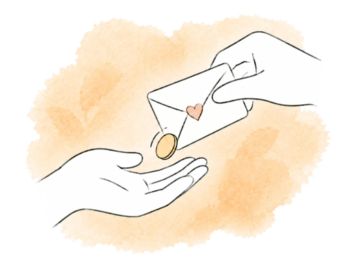 An open hand receives a coin from a heart-marked envelope.
