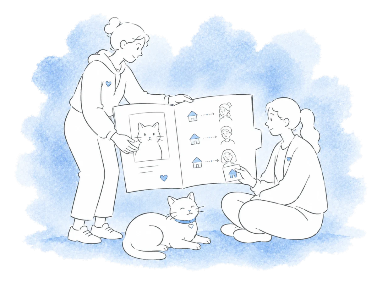 A volunteer keeps a cat's foster homes and carers together in its animal record.
