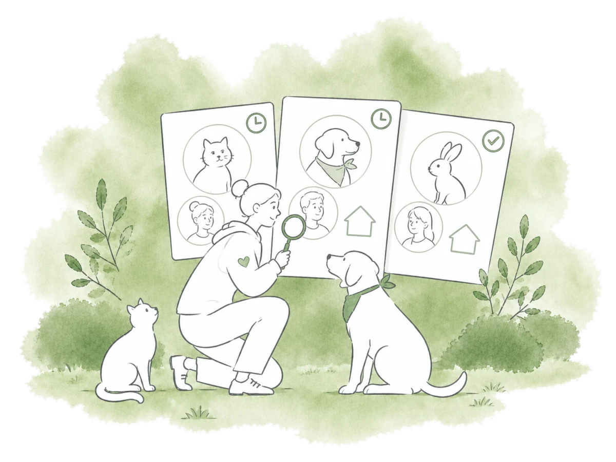 A volunteer reviews foster-placement cards linking animals to carers and their current or completed placements.