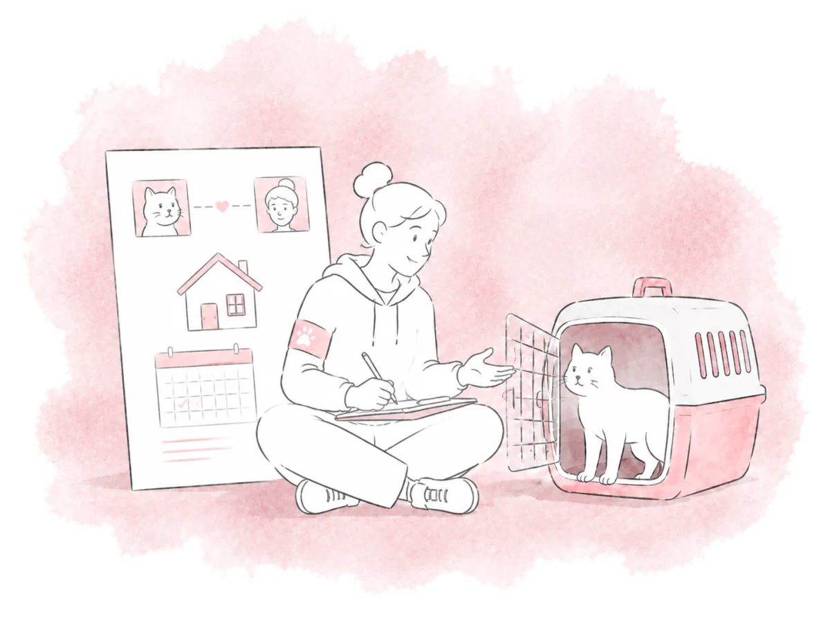 A volunteer records a new foster placement beside a cat in its carrier.