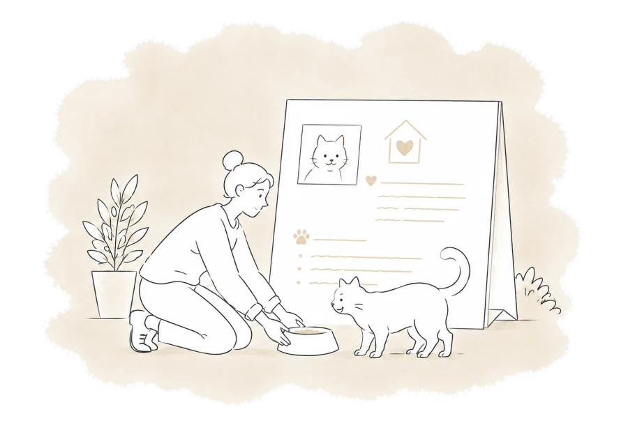 A caregiver feeds a cat beside notes explaining its foster placement and care.