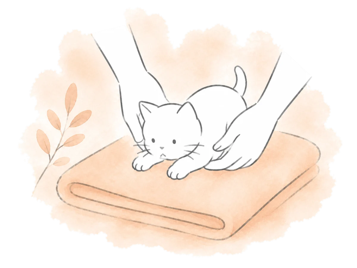 Two hands gently settle a kitten onto a folded blanket.