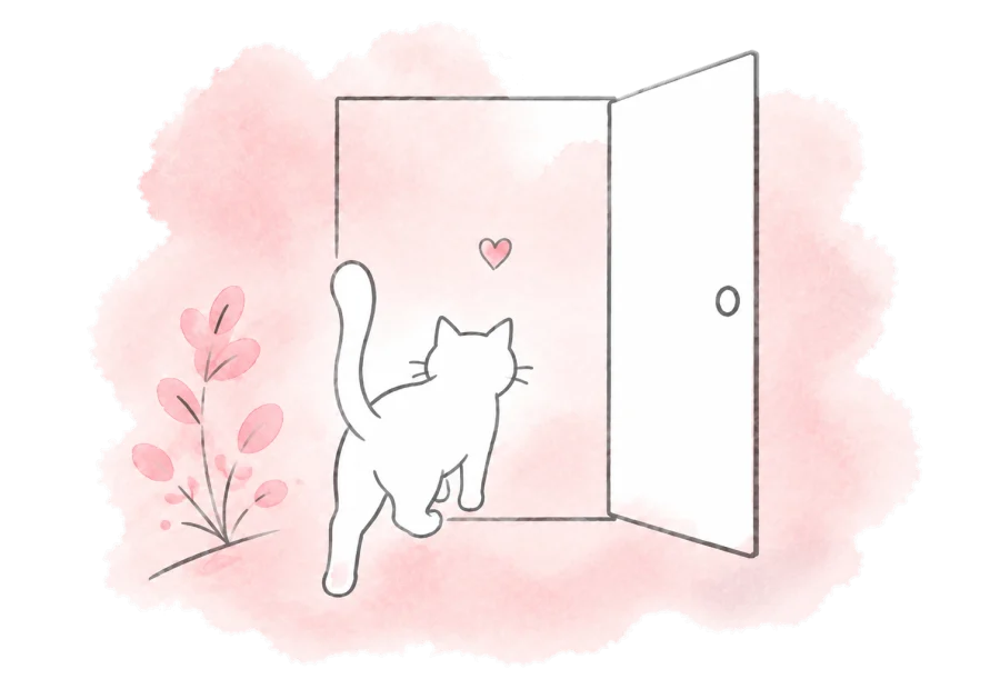 A cat steps through an open doorway toward a small heart.