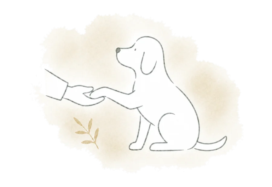 A gentle dog rests one paw in a child’s open hand.