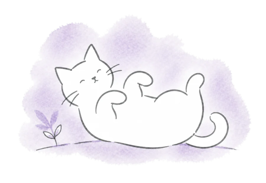 A relaxed outdoor cat rolls onto its back beside a small plant.