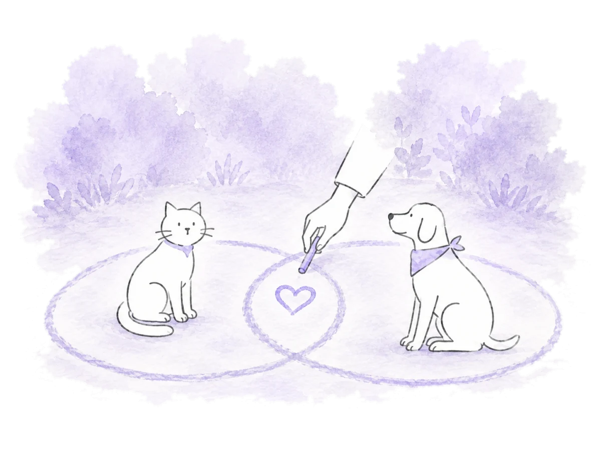 Overlapping circles connect a cat and dog through shared conditions.
