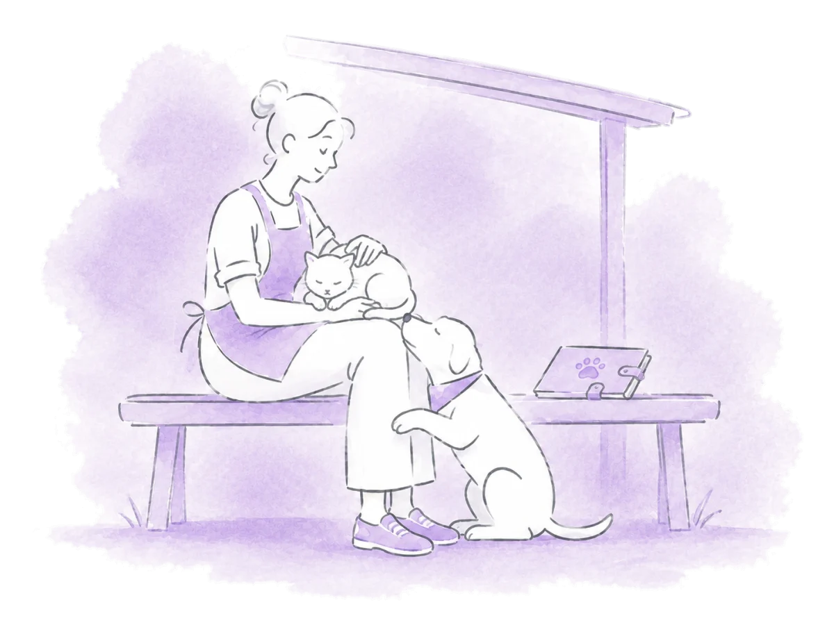 A caregiver sits with the site's animals and keeps their paperwork close by.