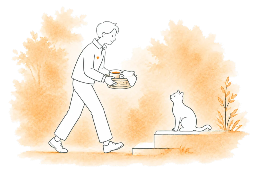 A caregiver brings the supplies needed for one colony's care round.
