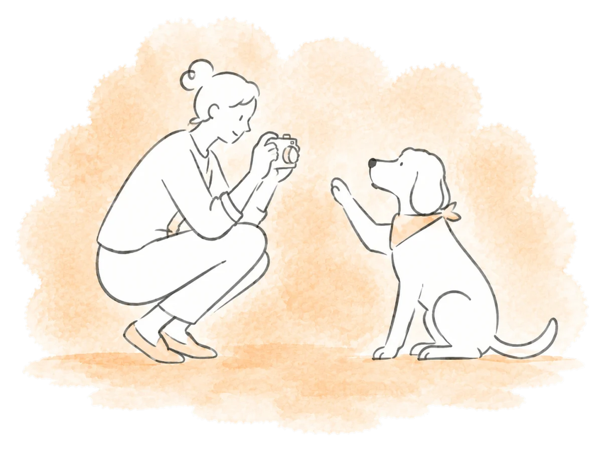 A volunteer photographs a dog offering its paw.