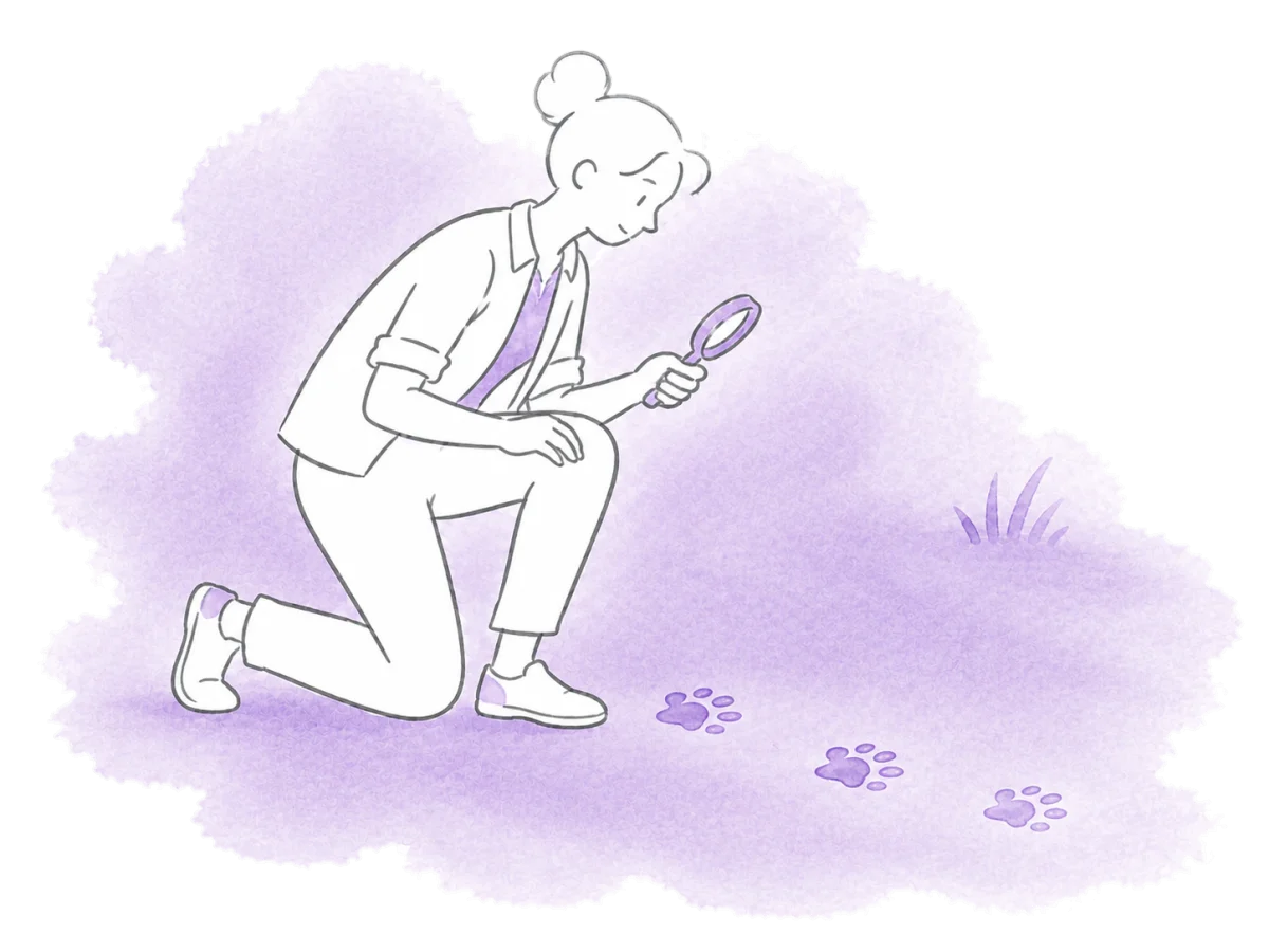 A volunteer follows a short trail of paw prints with a magnifying glass.