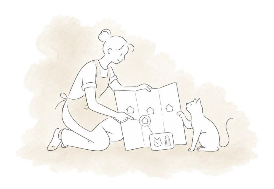 A volunteer selects one location's medication rounds on a map beside a cat.