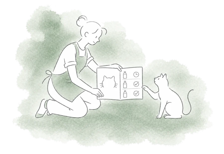 A caregiver keeps a cat's active and completed medication courses together in its record.