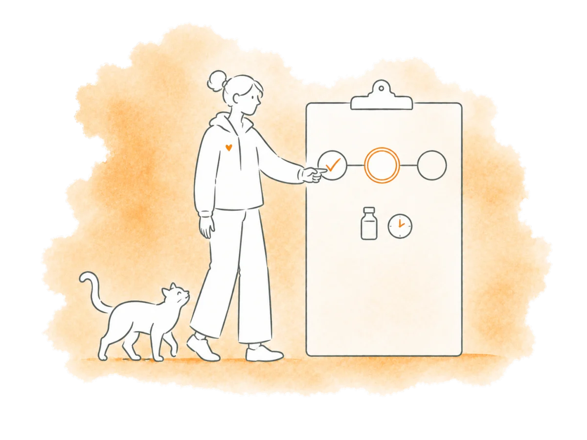 A volunteer reviews the current phase of a medication course beside a cat.