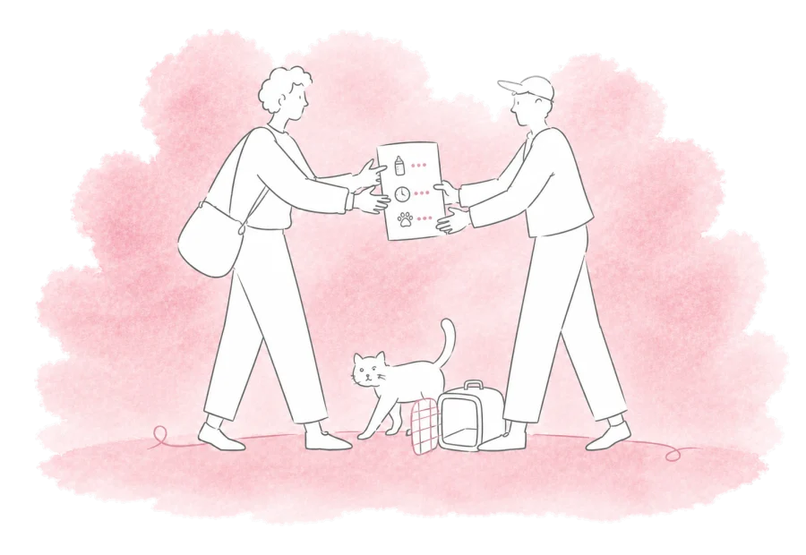 A volunteer hands a printed medication course to a foster carer beside a cat.