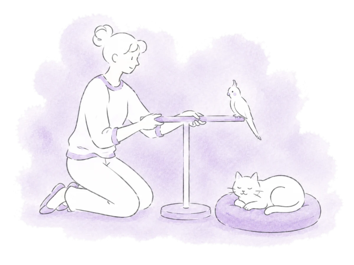 A volunteer adjusts a bird's perch above a cat's resting place.